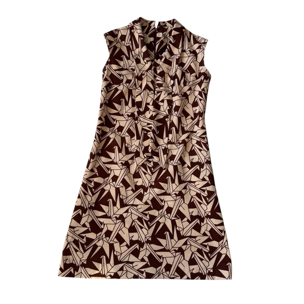 Vintage 70s/1970s dress, origami bird print, tan and brown, tie on neck